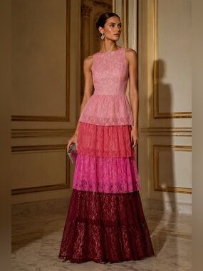 Mikael Aghal Tulle Tiered Gown Pink 0